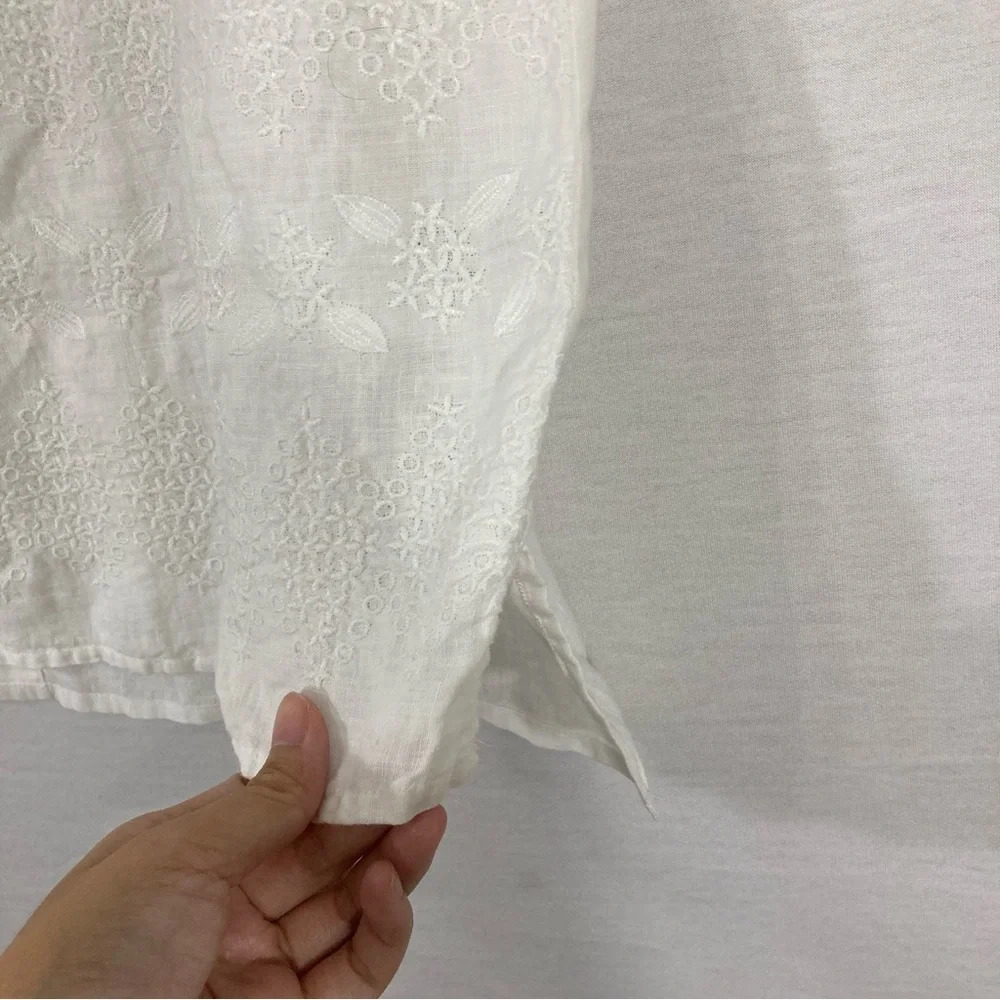 Christian Siriano White 100% Linen Embroidered Floral Top Large - Picture 4 of 10